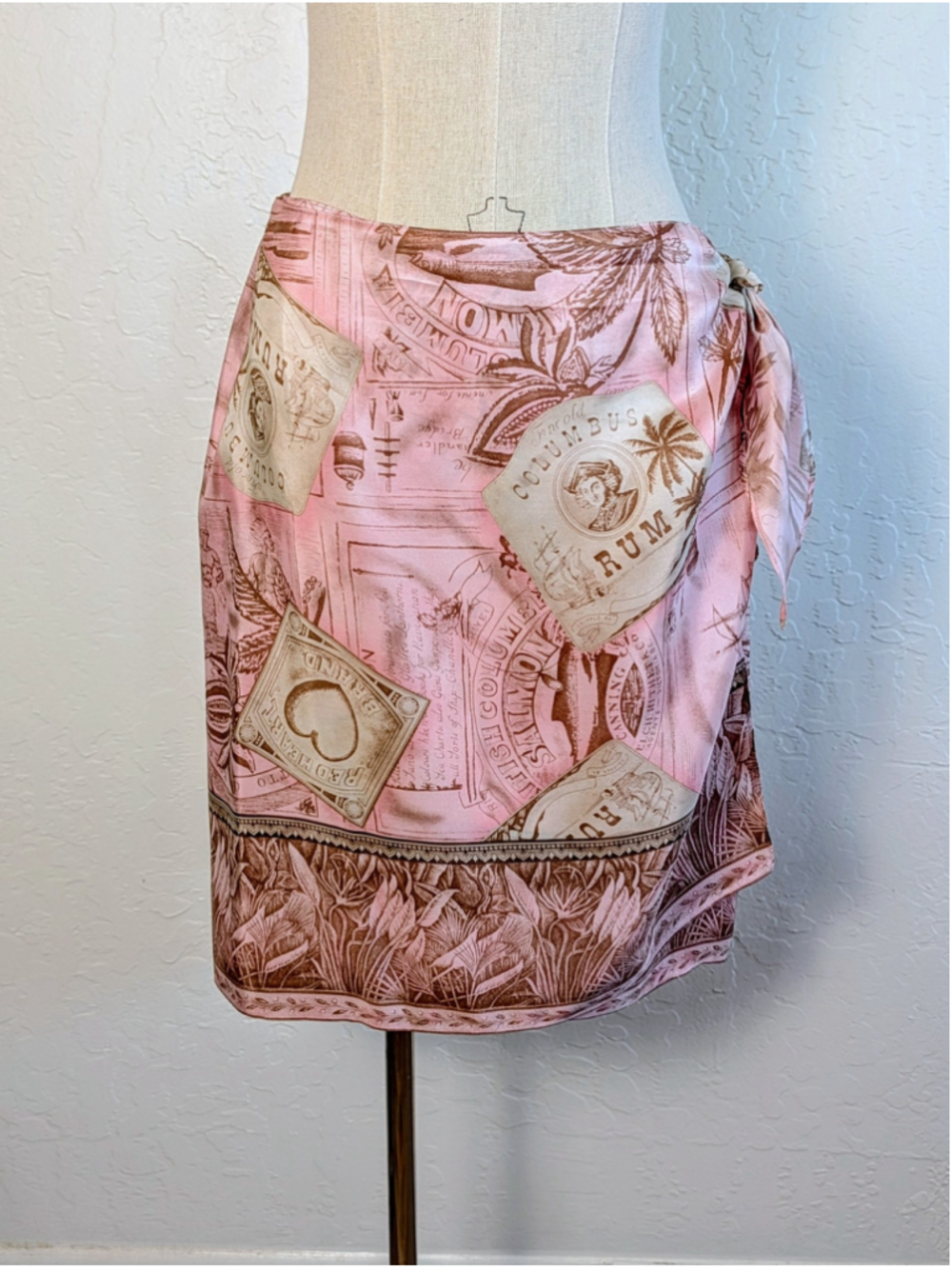 Vintage Dana B Karen 100% Silk Wrap Skirt Pink Tropical Resort Sarong Midi Sz 10